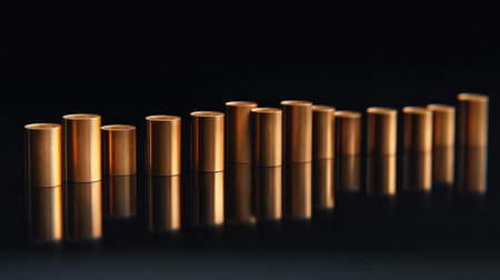 A collection of metallic cylinders arranged in a gradient pattern, showcasing their shiny surfaces and reflections against a dark background. Ideal for various design purposes.の素材