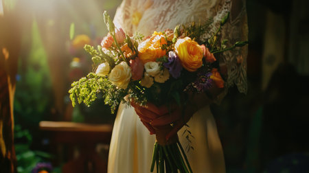 A beautiful bride holds a vibrant bouquet of fresh flowers, capturing the essence of romance and elegance in soft natural light, set in a lush garden atmosphere.の素材