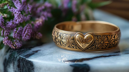This elegant gold bracelet features intricate heart and floral engravings, resting beautifully on a marble surface, showcasing detailed craftsmanship and artistic charm.の素材