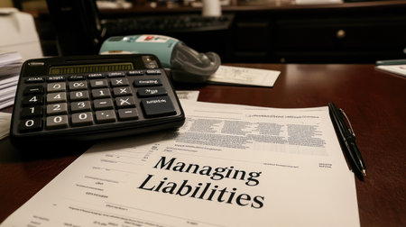 A close-up view of a calculator and a financial document titled "Managing Liabilities" on a wooden desk, representing essential financial management processes.の素材