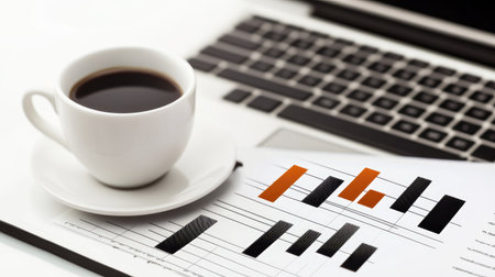 A serene workspace featuring a coffee cup, a laptop, and a business report with graphical data. Ideal for themes of productivity and analysis.の素材