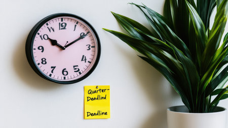 A modern wall clock displays a pink face, alongside a leafy plant, emphasizing time management with a bright note for deadlines. Perfect for enhancing workspace productivity.の素材
