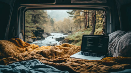 A cozy workspace featuring a laptop beside a tranquil stream, surrounded by autumn foliage. This serene setup inspires creativity and relaxation in nature.の素材