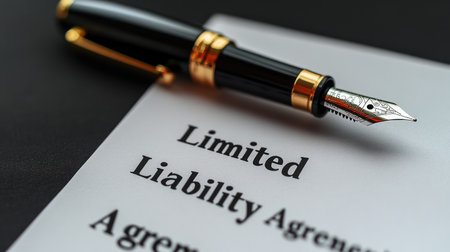 Close-up of an elegant fountain pen resting on a limited liability agreement document. This image captures the essence of professionalism in business transactions and legal matters.の素材