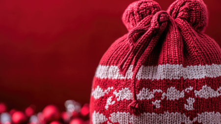 This cozy red knitted hat features a charming white pattern and is perfect for the winter season. Ideal for festive celebrations and holiday attire.の素材
