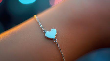 A close-up of a delicate silver heart bracelet worn on a woman's wrist, capturing light and soft focus. Perfect for illustrating themes of love and elegance in jewelry.の素材
