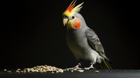 A vibrant cockatiel stands confidently next to a heap of sunflower seeds. The detailed portrait captures its colorful plumage and lively persona, perfect for animal lovers.の素材
