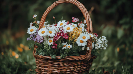 A charming basket filled with a vibrant mix of wildflowers, creating a colorful display amidst lush greenery. Perfect for nature-inspired themes.の素材