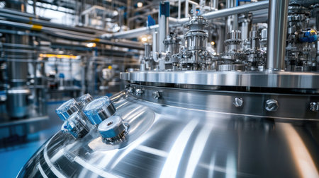 A close-up view of modern industrial equipment showcasing advanced manufacturing technology. The image highlights precision engineering and a clean facility environment.の素材