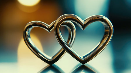 Two elegant silver heart shapes reflect a warm, glowing background, symbolizing love and connection. Perfect for romantic themes and celebrations.の素材