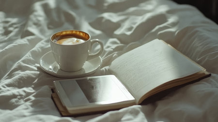 A serene morning scene featuring a coffee cup beside an open notebook on a soft bed. The sunlight casts a warm glow, inviting moments of reflection and inspiration.の素材