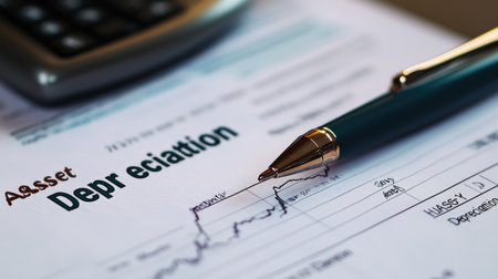 This image displays a detailed overview of depreciation in finance, accompanied by a pen and calculator. Ideal for accounting-related projects.の素材