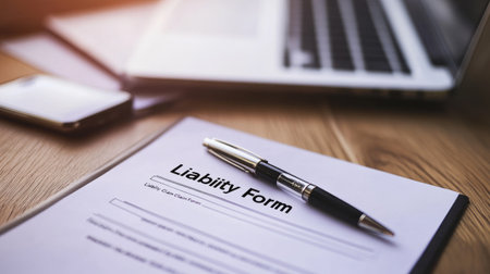 A close-up view of a liability form on a wooden table, accompanied by a laptop and smartphone. The scene depicts a professional workspace ideal for paperwork and documentation.の素材