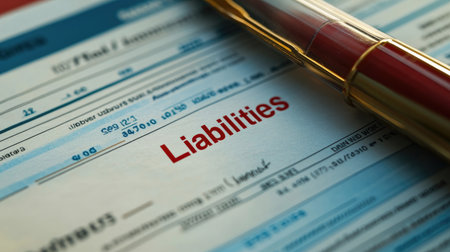 A close-up view of a financial document emphasizing liabilities, accompanied by a pen. This image is ideal for illustrating financial discussions, reports, or analysis.の素材