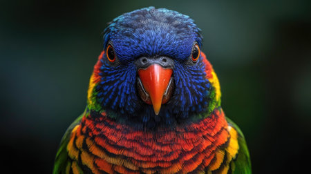 A stunning close-up portrait of a vibrant rainbow lorikeet, showcasing its intricate feather details and brilliant colors. Ideal for nature and bird enthusiasts.の素材
