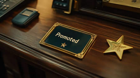 A gold framed "Promoted" plaque placed on a rich wooden desk, symbolizing achievement and success. Ideal for business and motivational themes.の素材