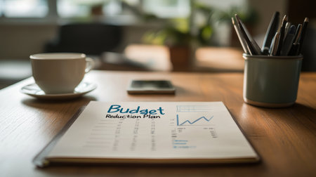 A close-up view of a budget reduction plan document on a wooden desk. Featuring a coffee mug, pens, and a smartphone, showcasing a professional workspace ambiance.の素材