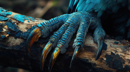Stunning close-up of a bird's claw gripping a wooden branch, showcasing intricate details and vibrant colors. Perfect for nature and wildlife enthusiasts.の素材