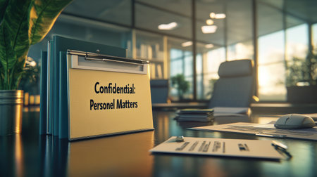 A well-organized office desk featuring a confidential folder labeled 'Personal Matters'. The modern workspace is enhanced by natural sunlight and greenery.の素材