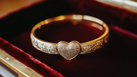 A stunning gold bracelet featuring a heart-shaped design, resting elegantly in a red velvet box. Ideal for gifts, jewelry collections, or special occasions.の素材