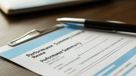 A detailed performance review document is placed on a wooden table, accompanied by a pen. The clipboard holds essential information for evaluating individual or team performance.の素材