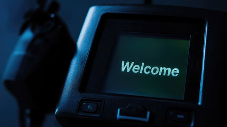 A digital screen displays a welcoming message in a low light environment, creating an inviting atmosphere. This image captures the essence of modern communication technology.の素材