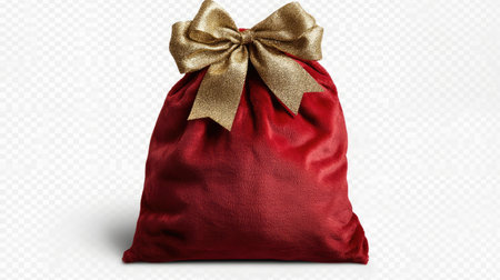 A vibrant red fabric gift bag adorned with a shimmering golden bow, perfect for holiday celebrations or special occasions. Ideal for festive decor and gifting.の素材