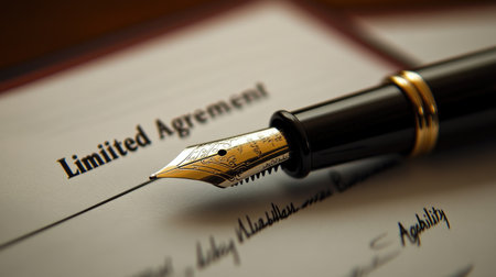 Close-up view of an elegant fountain pen resting on a limited agreement document, symbolizing professionalism and the importance of written commitments in business.の素材