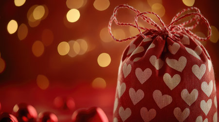 A charming red gift bag adorned with white heart patterns, set against a warm, blurred background filled with soft bokeh lights, perfect for romantic occasions.の素材