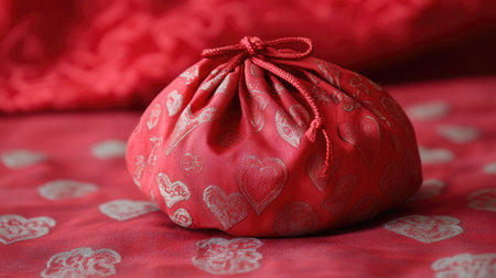 A vibrant red satin pouch adorned with a delicate heart pattern. Perfect for storing small treasures, gifts, or jewelry, this elegant bag enhances any romantic occasion. Ideal for celebrations and special moments.の素材