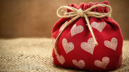 A charming red fabric bag adorned with white heart patterns, perfect for gift giving or storage. This small decorative bag adds a cozy touch to any occasion.の素材