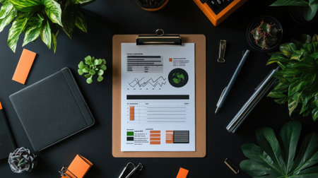 A detailed business report featuring graphs and statistics placed on a dark office desk surrounded by greenery and stationery items, creating a modern workspace aesthetic.の素材