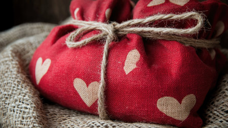 A beautifully wrapped red gift adorned with heart patterns and tied with twine, resting on a burlap background, perfect for romantic occasions and celebrations.の素材