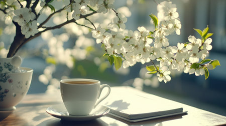 Enjoy a tranquil morning atmosphere with a warm cup of coffee beside delicate white blossoms, conveying a sense of peace and natural beauty.の素材