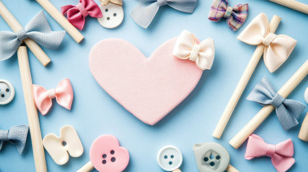 A charming arrangement of colorful hair bows and buttons surrounds a pink heart shape, creating a delightful and playful atmosphere perfect for crafts, celebrations, or design inspirations.の素材