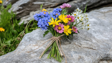 A stunning bouquet of vibrant wildflowers tied with rustic twine, resting on a natural stone surface. This fresh floral arrangement captures the essence of nature's beauty and tranquility.の素材