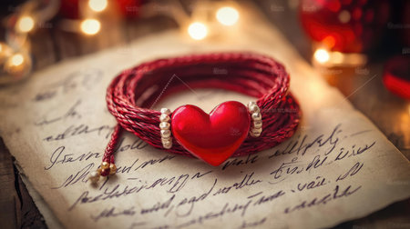 A beautiful heart pendant crafted from red glass gracefully rests on a rustic wooden table accompanied by a vintage letter, evoking feelings of love and nostalgia.の素材