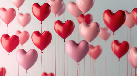 A charming display of colorful heart balloons in red and pink hues, creating a joyful and romantic atmosphere. Perfect for celebrations and events.の素材