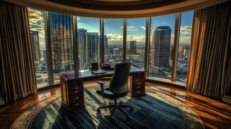 A modern office space featuring a stylish wooden desk and chair, offering a stunning panoramic city view through large glass windows, ideal for productivity.の素材