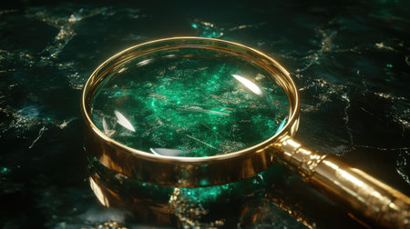 This captivating image showcases a magnifying glass resting on a vibrant emerald green surface, featuring stunning reflections and intricate shadows. Ideal for exploration themes.の素材