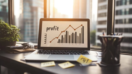 A modern laptop displaying a profit chart sits on a stylish office desk. The scene reflects professional growth and analytical processes in business environments.の素材