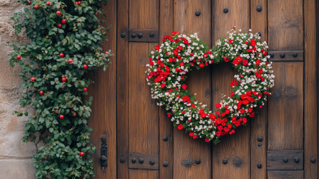 A charming wooden door features a heart-shaped floral wreath made of red and white flowers, surrounded by lush greenery, perfect for romantic settings.の素材