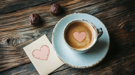 A cozy coffee cup adorned with a heart shape sits on a rustic wooden surface, accompanied by delicious chocolate truffles and a sweet note. Perfect for romantic moments.の素材