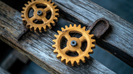 Close-up view of vintage bronze gears resting on a weathered wooden surface, showcasing a perfect blend of industrial design and rustic charm. Ideal for illustrative purposes.の素材