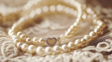 This stunning close-up features an elegant pearl necklace with a heart-shaped clasp resting on vintage lace, capturing the essence of timeless beauty and sophistication.の素材