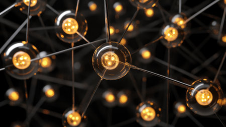 This close-up image features glowing spheres interconnected by thin wires, creating a visually striking representation of modern technology and innovation.の素材