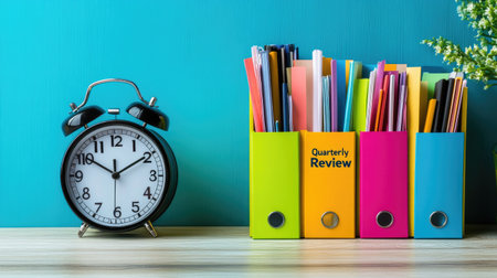 A stylish arrangement of colorful office supplies, including binders and a clock, perfect for a quarterly review setting that emphasizes organization and productivity.の素材