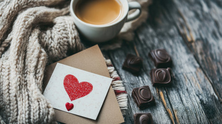 A cozy scene featuring a cup of coffee, heart-shaped card, and dark chocolates. Ideal for capturing warmth and romance in a home setting.の素材