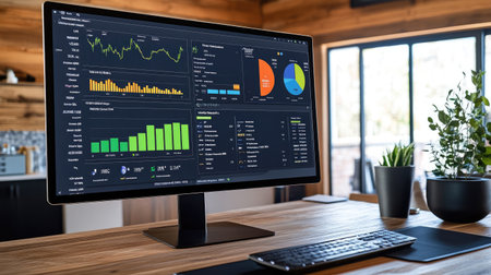 A modern workspace features a sleek computer screen displaying dynamic data visualization dashboards. The environment showcases digital analytics and business insights with a stylish decor.の素材