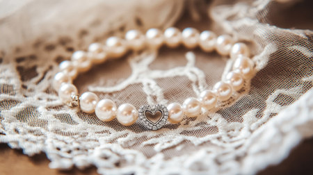 Discover an elegant pearl bracelet featuring a heart design, beautifully displayed on a delicate lace background. Ideal for fashion lovers and special gifts.の素材
